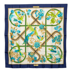 エルメス カレ90 Caraibes カリブ鳥 スカーフ ネイビー ホワイト シルク レディース HERMES 【中古】