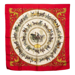 エルメス カレ90 ロンシャンへの散歩 La Promenade de Longchamps スカーフ レッド マルチカラー シルク レディース HERMES 【中古】
