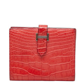 エルメス ベアン コンパクト 二つ折り財布 D刻印 2019年 レッド系 シルバー金具 アリゲーター レディース HERMES 中古