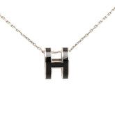 エルメス ポップH Hロゴ チェーン ペンダント ネックレス シルバー ブラック メタル レディース HERMES 中古