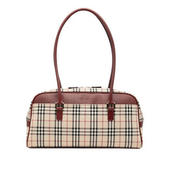 バーバリー ノバチェック ハンドバッグ ベージュ ボルドー キャンバス レザー レディース BURBERRY 中古