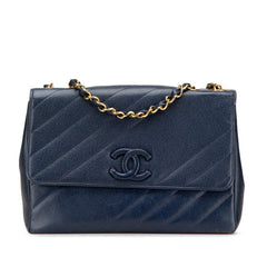 シャネル ココマーク バイアスステッチ チェーン ショルダーバッグ ネイビー ゴールド金具 キャビアスキン レディース CHANEL 【中古】