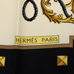 エルメス カレ90 LES CLES 鍵 スカーフ ブラック ホワイト イエロー系 シルク レディース HERMES 中古