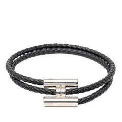 エルメス トゥルニ トレッセ ブレスレット 二連 ブラック シルバー金具 レザー メッキ メンズ HERMES 【中古】