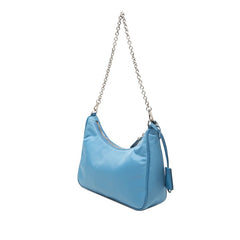 プラダ 三角ロゴプレート チェーン ハンドバッグ ショルダーバッグ 2WAY ブルー ナイロン レザー レディース PRADA 【中古】