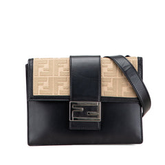 フェンディ フラット バゲット ミディアム ショルダーバッグ 7VA524 ブラック ベージュ レザー キャンバス レディース FENDI 【中古】
