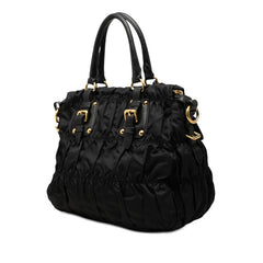 プラダ ギャザー ロゴ トートバッグ ショルダーバッグ 2WAY BN2346 ブラック ナイロン レザー レディース PRADA 【中古】