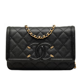 シャネル CCフィリグリー ココマーク チェーン ショルダーバッグ ウォレット ブラック キャビアスキン レディース CHANEL 中古