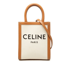 セリーヌ バーティカルカバ ミニ ハンドバッグ ショルダーバッグ 2WAY ホワイト ブラウン キャンバス レザー レディース CELINE 中古