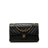 シャネル シェブロン Vステッチ ココマーク Wフラップ チェーン ショルダーバッグ ブラック ラムスキン レディース CHANEL 中古