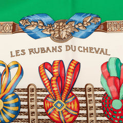 エルメス カレ90 LES RUBANS DU CHEVAL 馬のリボン飾り スカーフ グリーン マルチカラー シルク レディース HERMES 【中古】