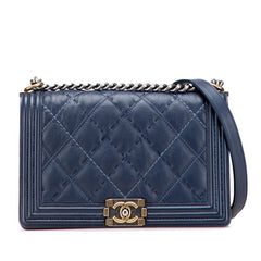 シャネル ボーイシャネル ワイルドステッチ チェーン ショルダーバッグ ネイビー カーフスキン レディース CHANEL 【中古】