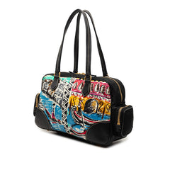 プラダ 三角ロゴプレート ベネチア ハンドバッグ ブラック マルチカラー ナイロン レザー レディース PRADA 【中古】