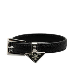 プラダ 三角ロゴプレート ブレスレット 1IB351 ブラック シルバー レザー レディース PRADA 【中古】