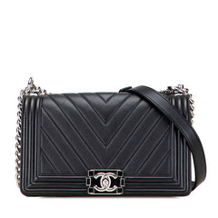 シャネル ボーイシャネル25 ココマーク Vステッチ シェブロン 斜め掛け チェーン ショルダーバッグ ブラック ラムスキン レディース CHANEL 【中古】