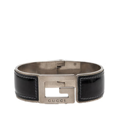 グッチ Gロゴ バングル シルバー ブラック メタル レザー メンズ GUCCI 【中古】