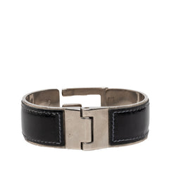 グッチ Gロゴ バングル シルバー ブラック メタル レザー メンズ GUCCI 【中古】