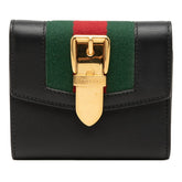グッチ シェリーライン シルヴィ 三つ折り財布 476081 ブラック ゴールド レザー レディース GUCCI 中古