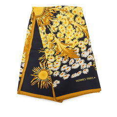 エルメス カレ90 Fleurs et Carlines ひまわりの花束 スカーフ 大判 ブラック マルチカラー シルク レディース HERMES 【中古】