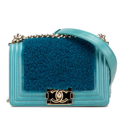 シャネル ボーイシャネル ショルダーバッグ ブルー グリーン ムートン レザー レディース CHANEL 【中古】
