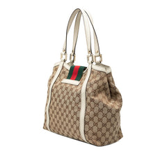 グッチ GGキャンバス シェリーライン ハンドバッグ トートバッグ 233607 ベージュ ホワイト キャンバス レザー レディース GUCCI 【中古】