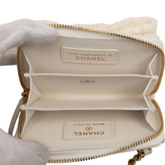 シャネル ココマーク リボン ミニ チェーンウォレット コインケース ホワイト ツイード レザー レディース CHANEL 【中古】