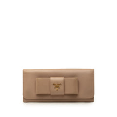 プラダ ロゴ リボン 二つ折り長財布 IM1132 ベージュ サフィアーノレザー レディース PRADA 【中古】