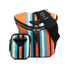 プラダ 三角ロゴプレート ストライプ ショルダーバッグ 2VH147 オレンジ ブラック マルチカラー キャンバス レザー レディース PRADA 【中古】