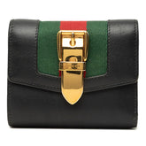 グッチ シェリーライン シルヴィ 三つ折り財布 476081 ブラック ゴールド レザー レディース GUCCI 中古