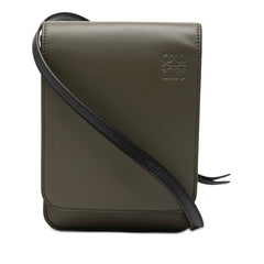 ロエベ アナグラム ガセット フラット ショルダーバッグ カーキグリーン ブラック レザー レディース LOEWE 【中古】