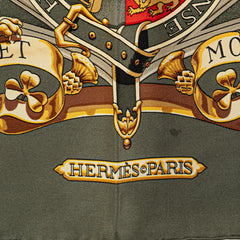 エルメス カレ90 dieu et mon droit 英国紋章柄 スカーフ カーキ マルチカラー シルク レディース HERMES 【中古】