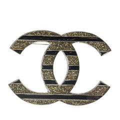 シャネル ココマーク ラメ ボーダー ブローチ シルバー ブラック メタル レディース CHANEL 【中古】