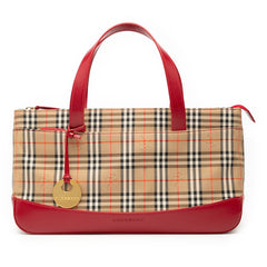 バーバリー ノバチェック ハンドバッグ ベージュ レッド キャンバス レザー レディース BURBERRY 【中古】