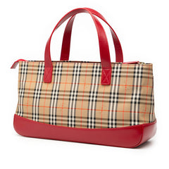 バーバリー ノバチェック ハンドバッグ ベージュ レッド キャンバス レザー レディース BURBERRY 【中古】