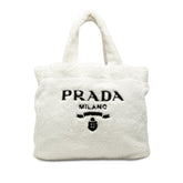 プラダ 三角ロゴプレート トートバッグ ハンドバッグ ホワイト パイル レディース PRADA 中古