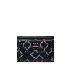 シャネル ココマーク ダブルステッチ カードケース ネイビー マルチカラー ラムスキン レディース CHANEL 中古