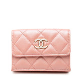 シャネル マトラッセ ココマーク 三つ折り財布 コンパクトウォレット ピンク キャビアスキン レディース CHANEL 中古
