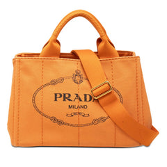 プラダ 三角ロゴプレート カナパ ミニ ハンドバッグ ショルダーバッグ 2WAY オレンジ キャンバス レディース PRADA 【中古】
