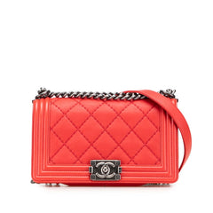 シャネル ボーイシャネル ココマーク チェーン ショルダーバッグ ハンドバッグ レッド ラムスキン レディース CHANEL 【中古】
