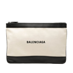 バレンシアガ ネイビークリップM クラッチバッグ セカンドバッグ 420407 ベージュ ブラック キャンバス レザー レディース BALENCIAGA 【中古】
