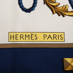 エルメス カレ90 LES CLES 鍵 スカーフ ブルー ホワイト ゴールド シルク レディース HERMES 【中古】