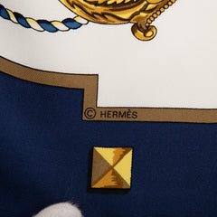 エルメス カレ90 LES CLES 鍵 スカーフ ブルー ホワイト ゴールド シルク レディース HERMES 【中古】