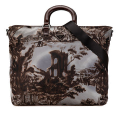 プラダ 三角ロゴプレート 風景柄 ハンドバッグ トートバッグ ショルダーバッグ 2WAY BN2044 ブラウン グレー ブルー ナイロン レザー レディース PRADA 【中古】