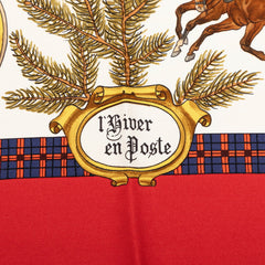 エルメス カレ90 L'Hiver en Poste 冬の郵便馬車 スカーフ 大判 レッド マルチカラー シルク レディース HERMES 【中古】