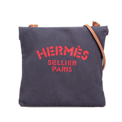 エルメス サックアリーヌMM ショルダーバッグ ネイビー ブラウン レッド コットン レザー レディース HERMES 【中古】