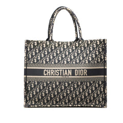 ディオール オブリーク エンブロイダリー ブックトート ミディアム ハンドバッグ ネイビー ベージュ キャンバス レディース Dior 【中古】
