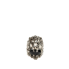 グッチ ライオンヘッド リング 指輪 #19 シルバー ブラック メタル クリスタル メンズ GUCCI 【中古】