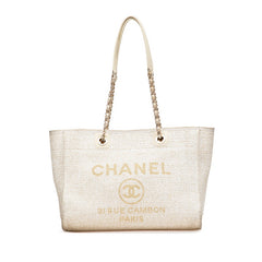 シャネル ドーヴィルMM チェーン トートバッグ ショルダーバッグ ホワイト ゴールド キャンバス レザー レディース CHANEL 【中古】