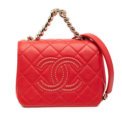 シャネル マトラッセ ココマーク スタッズ チェーンショルダーバッグ レッド ラムスキン レディース CHANEL 【中古】