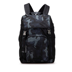 プラダ 三角ロゴプレート カモフラージュ リュック バックパック 2VZ135 ブラック ネイビー レザー メンズ PRADA 【中古】